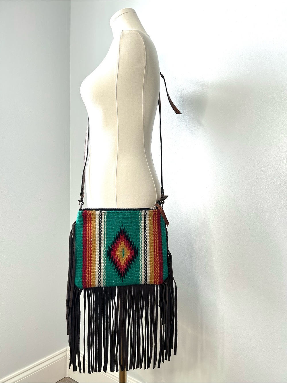 Rafter T Ranch Co Southwestern Wool Serape Leather Fringe Crossbody Bag